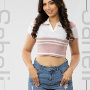 Harper Striped Knit Polo Crop - Pink - Image 1
