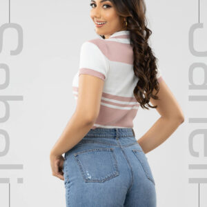 Harper Striped Knit Polo Crop - Pink - Image 3