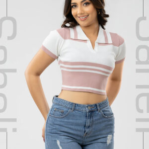 Harper Striped Knit Polo Crop - Pink - Image 2