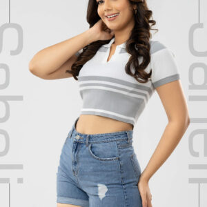 Harper Striped Knit Polo Crop - Ash - Image 1