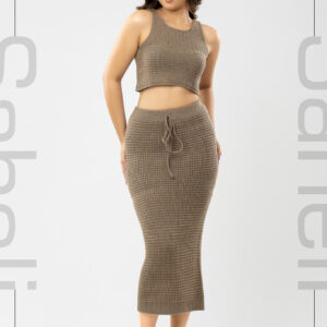 Textured Sleek Knit Midi Skirt - Brown - Image 1