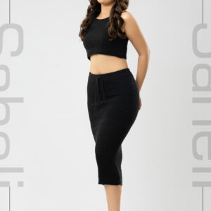 Textured Sleek Knit Midi Skirt - Black - Image 1