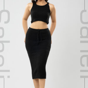 Textured Sleek Knit Midi Skirt - Black - Image 2